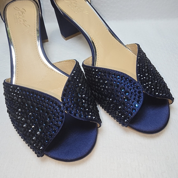 JEWEL BADGLEY MISCHKA NAVY RHINESTONE PEEP TOE ANKLE STRAP BLOCK HEEL 8 - Picture 1 of 15